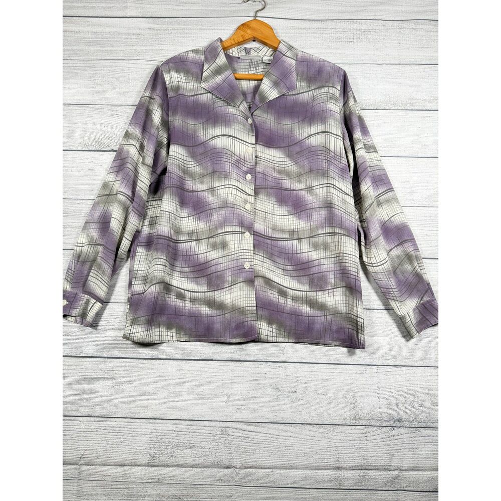Alfred Dunner Women’s 12 Purple Gray Plaid Long Sleeve Button Blouse 4190